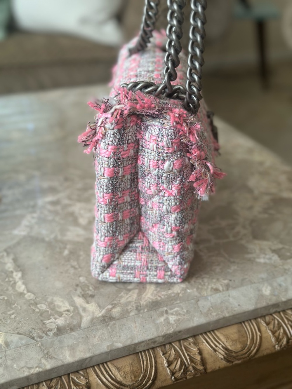 Kurt Geiger London “The Brixton” Tweed Chain Shoulder Bag – Pink & Gray Bouclé - Picture 7 of 9